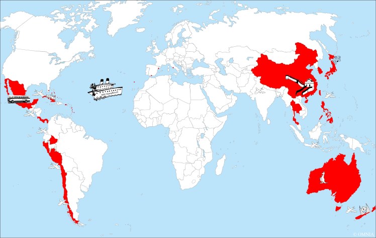 Weltkarte mit eingezeichneten Etappen